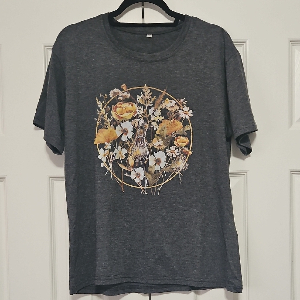 Charcoal Gray Vintage Floral Soft Short Sleeve Tee Womens XL